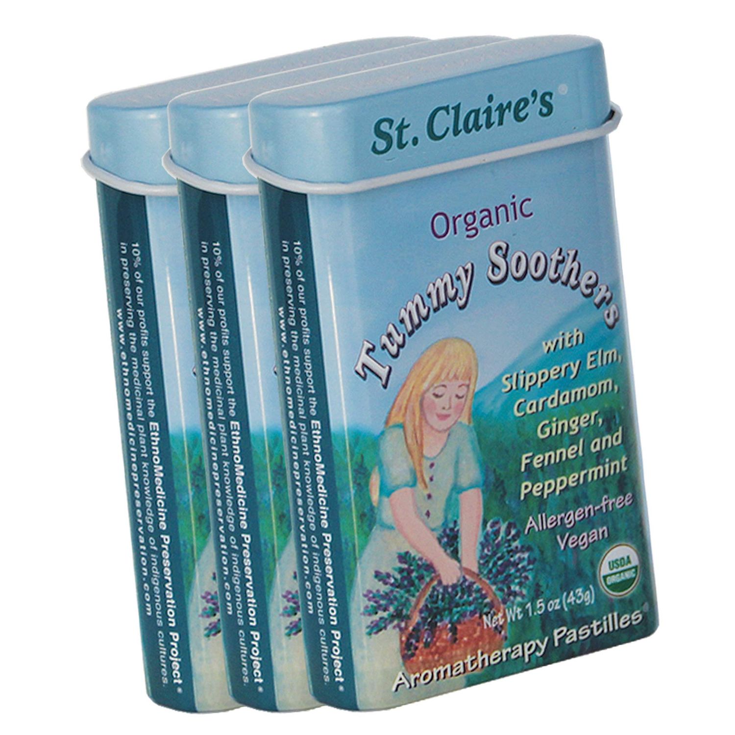 St. Claire&#39;s Organics Tummy Soothers, (1.5 Ounce Tin, Bundle of 3) | Gluten-Free, Vegan, GMO-Free, Plant-Based, Allergen-Free | Made in The USA in a Dedicated Allergen-Free Facility