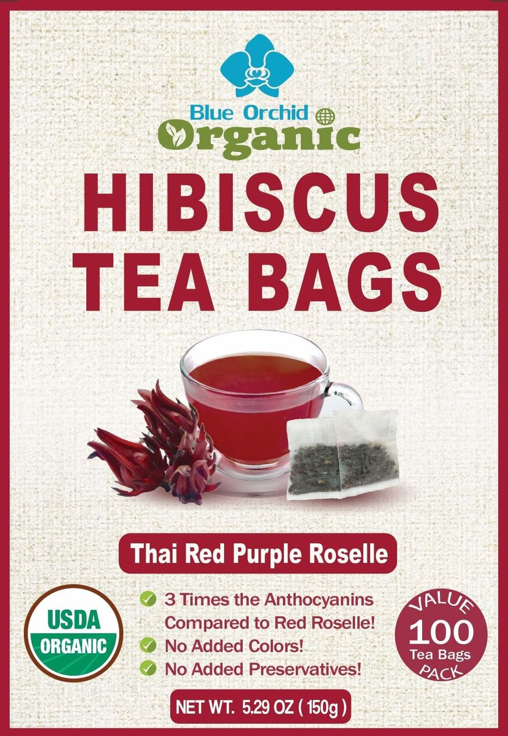 Organic Hibiscus Tea Bags - VALUE PACK 100 Count Sachets of Rare Variety Thai Red Purple Hibiscus Loose Flowers - Small Lot Eco-Farmed