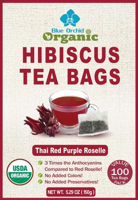 Organic Hibiscus Tea Bags - VALUE PACK 100 Count Sachets of Rare Variety Thai Red Purple Hibiscus Loose Flowers - Small Lot Eco-Farmed