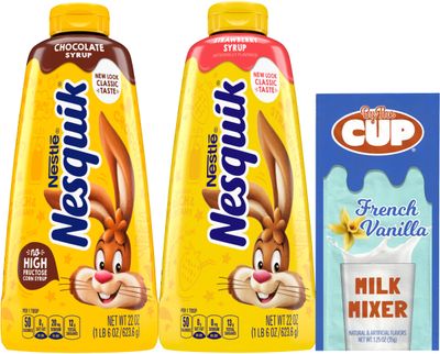Nesquik Strawberry &amp; Chocolate Syrup Bundle, 22 oz Bottle of each (Pack of 2) with Milk Mixer