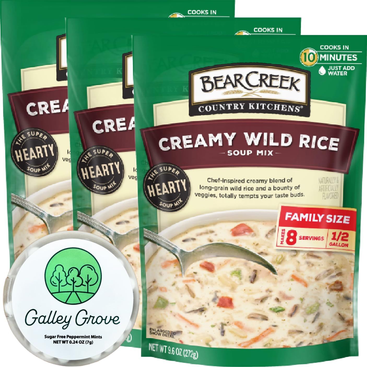 Creamy Wild Rice Dry Soup Mix Starter Kit From Bear Crk, Just Add Water, Family Size Bulk (3-Pack) Pre-Packaged, Cooks in 10 Minutes, 24 Servings Bundle With Galley Grove Breath Mints