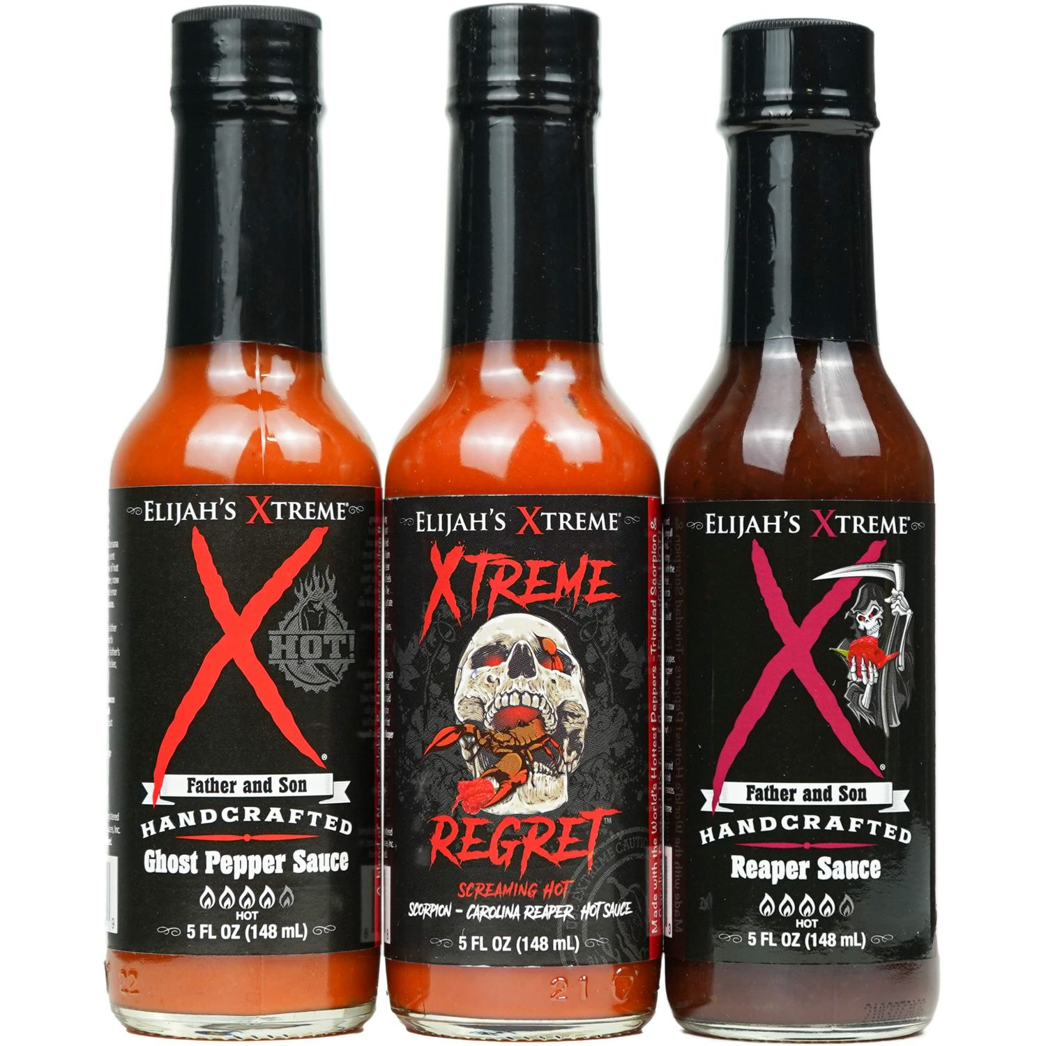 Elijah&#39;s Xtreme Trio Hottest Hot Sauce Variety Pack Includes Xtreme Regret Carolina Reaper Hot Sauce, Ghost Pepper Sauce &amp; Sweet Reaper Hot Sauces - Gluten Free &amp; Vegan - Father&#39;s Day Gift Set