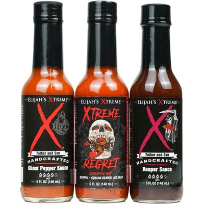 Elijah&#39;s Xtreme Trio Hottest Hot Sauce Variety Pack Includes Xtreme Regret Carolina Reaper Hot Sauce, Ghost Pepper Sauce &amp; Sweet Reaper Hot Sauces - Gluten Free &amp; Vegan - Father&#39;s Day Gift Set