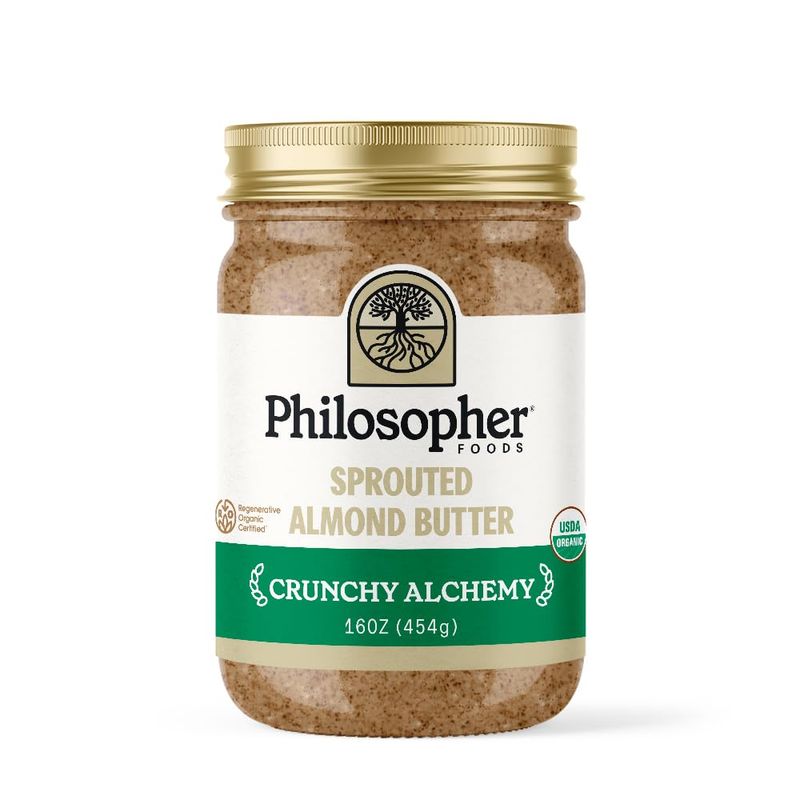 Philosopher Foods - Crunchy Alchemy Organic Sprouted Almond Nut Butter - 16 oz - Stone Ground Regenerative Organic Crunchy Almond Butter with Coconut Oil, Vanilla, and Ancient Seabed Salt