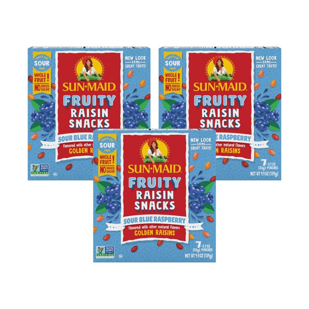 Sun-Maid  Blue Raspberry Fruity Raisins Snacks, 0.7 Ounce Box (21 Total), Dried Fruit, 0g Added Sugar, Non-GMO, Ideal Lunch Box Snack