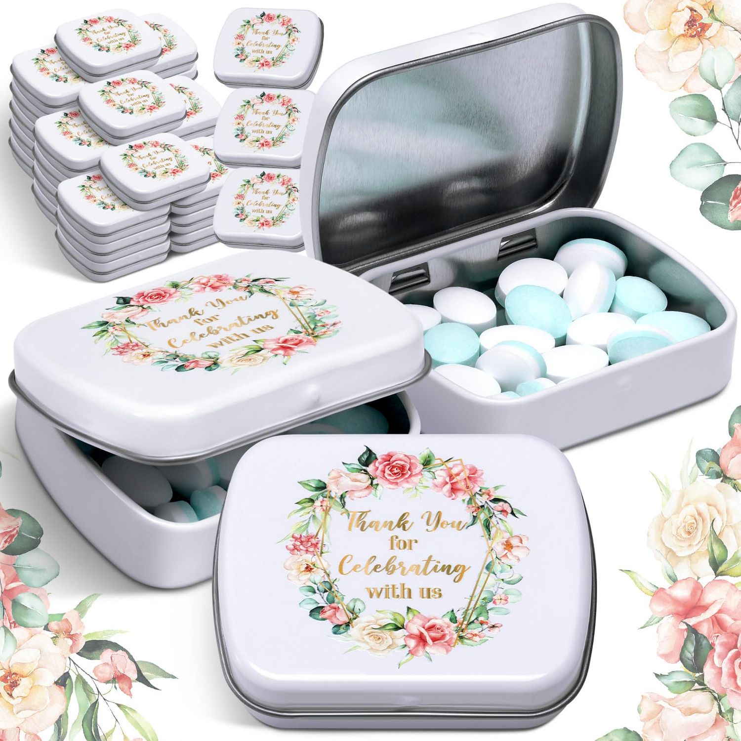 24 Pcs Wedding Mint Tins Bulk Small Tin Box with Lids Mini Rectangle Empty Hinged Tins Wedding Favor Thank You for Celebrating with Us Gifts for Bridal Shower Favor for Storage Candies Key Earring