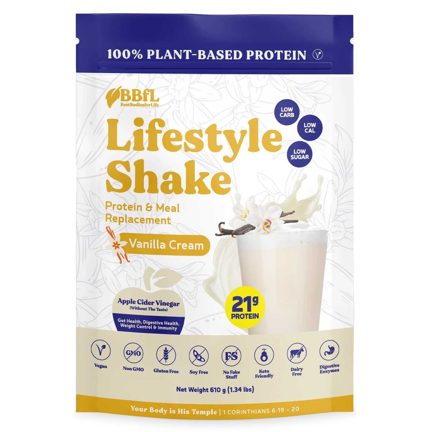 BBfL Meal Replacement Shakes, 21g Protein, Vegan Plant Based Protein Powder, Apple Cider Vinegar, Digestive Enzymes, All in One Shake for Women &amp; Men (15 Servings, Vanilla Cream)