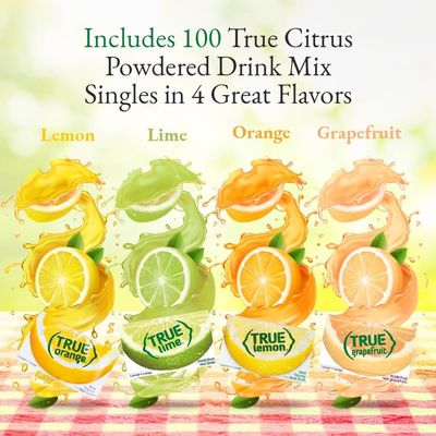 Truae Lemon, Lime, Orange, Grapefruit, Varrirty Pack 100 Count, On-The-Go Powdered Drink Mix Variety Pack, Zero Calorie Unsweetened Water Flavoring, Each Packet Fits Into a 16.9 oz. Bottle or Cup
