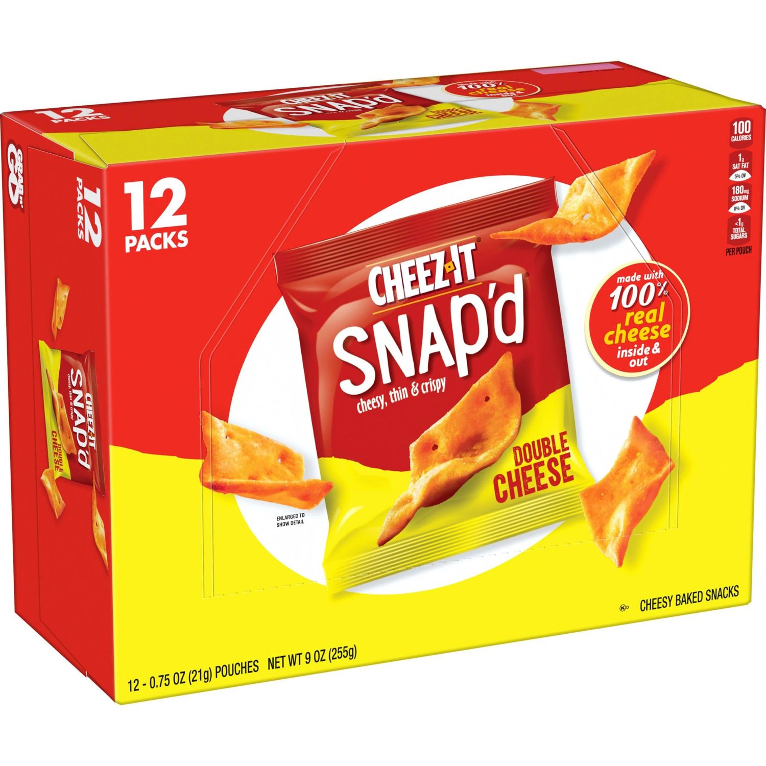 Cheez-It Snap'd Cheese Cracker Chips, Thin Crisps, Lunch Snacks, Double Cheese, 9oz Box (12 Pouches)