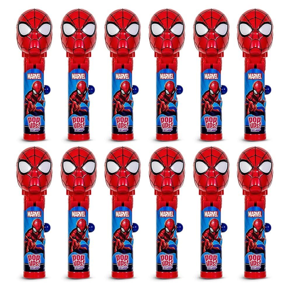 Pop Ups! Spiderman Lollipop Holder - 12 Lollipops with Cases - Individually Wrapped Candy Party Favors - Spiderman Candy - Bulk Set of 12