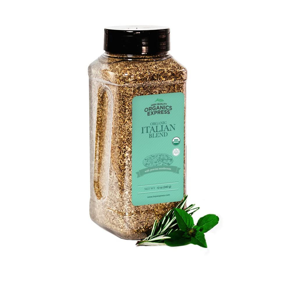 HQOExpress Organic Northern Italian Seasoning - Non GMO, Kosher, USDA Certified Organic Dried Herb Mix with Rosemary, Oregano and Basil Leaves for Pastas, Pizza and Meatballs, 12 oz. Chef Jar