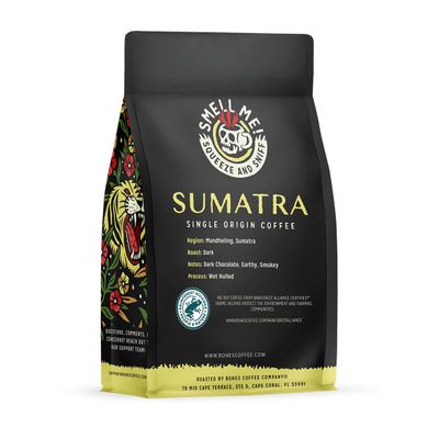 Bones Coffee Company Sumatra Single-Origin Whole Coffee Beans, Low Acid Coffee Made with Arabica Coffee Beans, Dark Roast Gourmet Coffee, Coffee Lover Gift Ideas (12 oz)