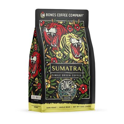 Bones Coffee Company Sumatra Single-Origin Whole Coffee Beans, Low Acid Coffee Made with Arabica Coffee Beans, Dark Roast Gourmet Coffee, Coffee Lover Gift Ideas (12 oz)