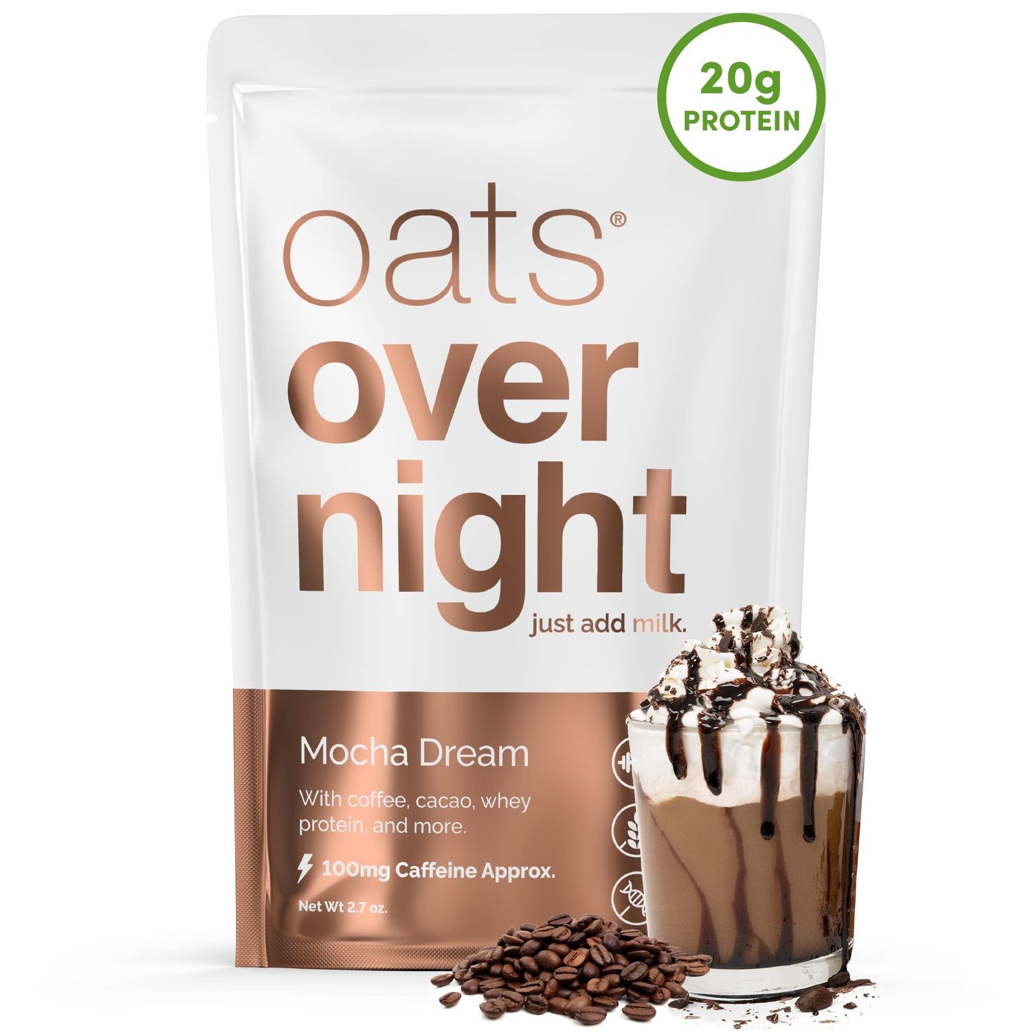 Oats Overnight - Mocha Dream - 20g Protein, High Fiber Breakfast Shake 100mg Caffeine - Gluten Free, Non GMO Oatmeal (2.7 oz per meal) (8 Pack)