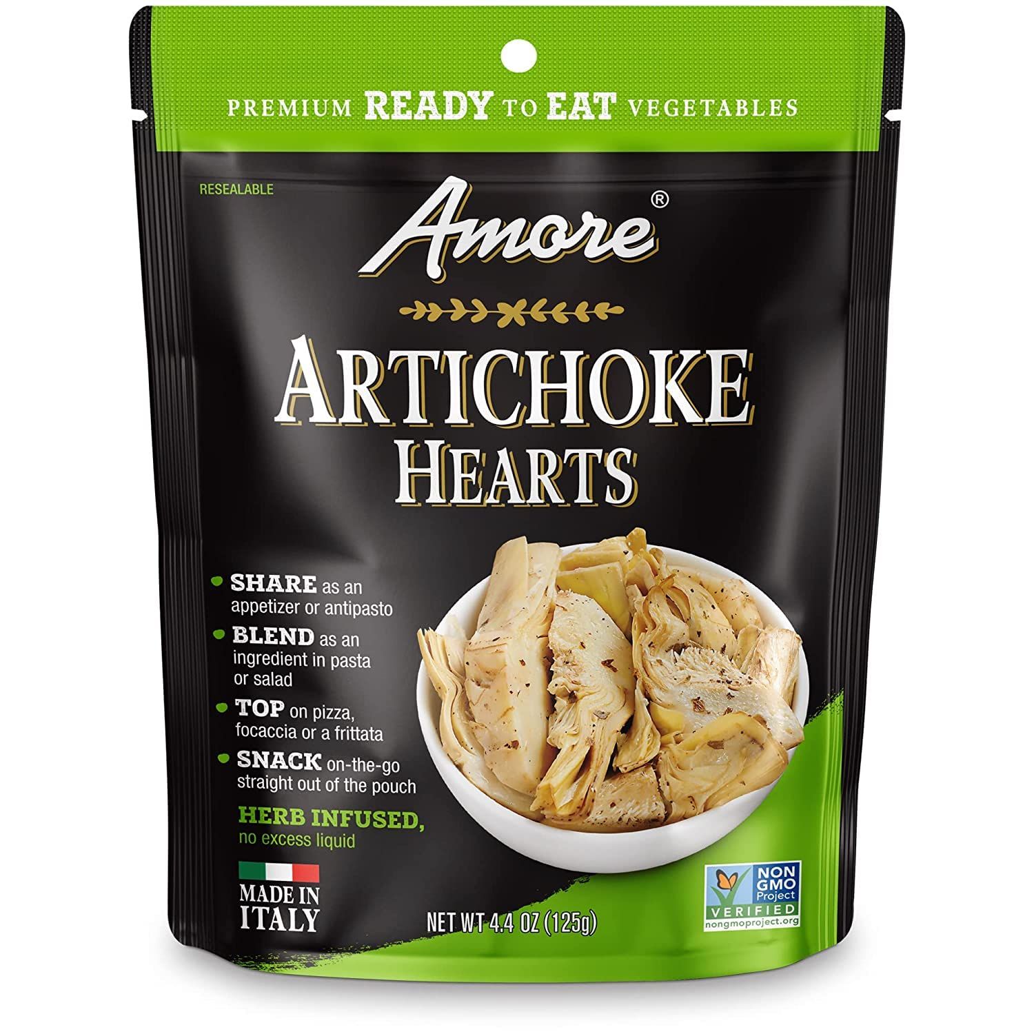 Amore Artichoke Hearts Vegan - Non GMO Verified Ready-to-Eat Herb Infused Vegetables In Resealable Bags, 4.4 Ounce - (2 Pack)