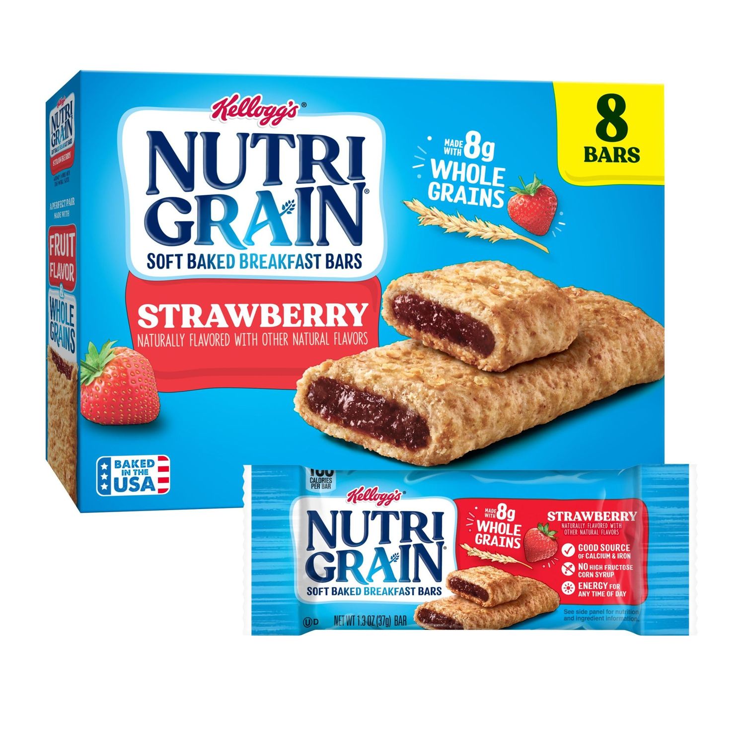 Nutri-Grain Soft Baked Breakfast Bars, Made with Whole Grains, Kids Snacks, Strawberry, 10.4oz Box (8 Bars)