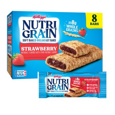 Nutri-Grain Soft Baked Breakfast Bars, Made with Whole Grains, Kids Snacks, Strawberry, 10.4oz Box (8 Bars)
