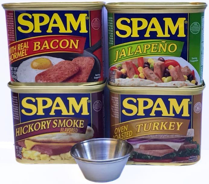 Spam Variety 4 Pack (Bacon, Hickory Smoke, Jalapeno, Turkey) Bundle with Two Stainless Steel Cups