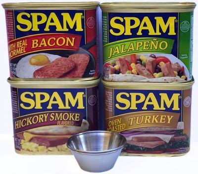 Spam Variety 4 Pack (Bacon, Hickory Smoke, Jalapeno, Turkey) Bundle with Two Stainless Steel Cups
