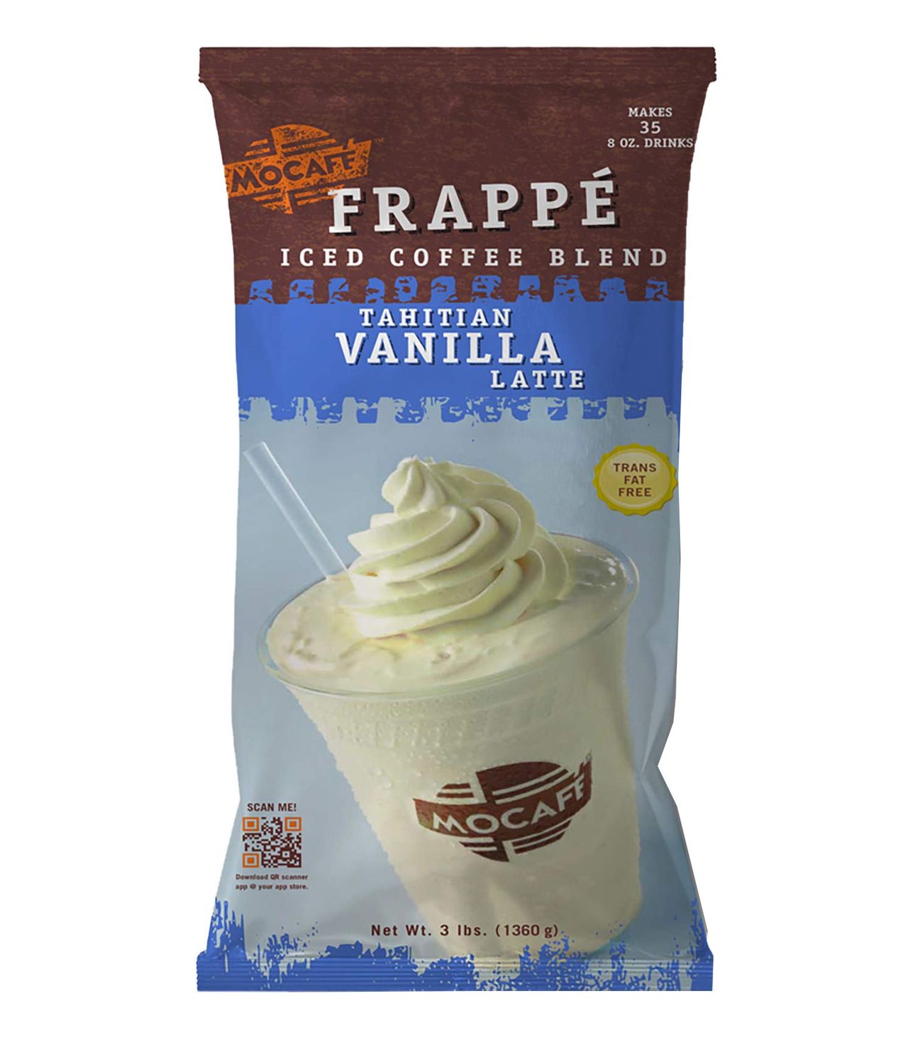 MOCAFE Frappe Tahitian Vanilla Latte Ice Blended Coffee, 3-Pound Bag Instant Frappe Mix, Coffee House Style Blended Drink Used in Coffee Shops