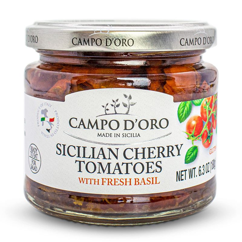 Sundried Cherry Tomatoes in Oil, Made with Fresh Basil, Glass Jar 6.35oz, 100% made in Italy, Sicilian Bruschetta Recipe,100% Natural, Non-GMO, Gluten-Free By Campo D&#39;Oro.