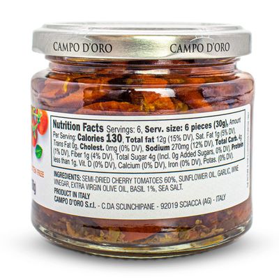 Sundried Cherry Tomatoes in Oil, Made with Fresh Basil, Glass Jar 6.35oz, 100% made in Italy, Sicilian Bruschetta Recipe,100% Natural, Non-GMO, Gluten-Free By Campo D'Oro.