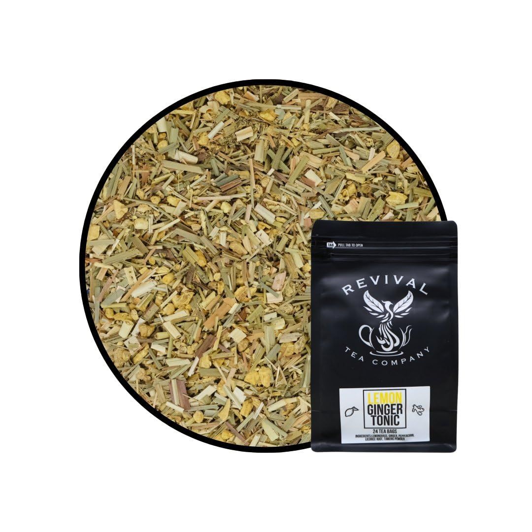 Revival Tea Company Lemon Ginger Tonic - Caffeine Free Herbal Tea Blend with Lemongrass and Ginger - 24 Tea Bags