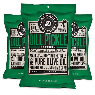 Pop Daddy Flavored Popcorn Gourmet | Dill Pickle Flavor Popped Popcorn | Hand Seasoned Ruby Red Kernels Gluten Free Healthy Popcorn Snacks | 5oz Popcorn Individual Bags | 3 Pack Popcorn Bag
