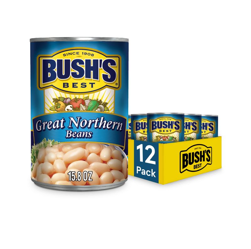 BUSH&#39;S BEST 15.8 oz Canned Great Northern Beans, Source of Plant Based Protein and Fiber, Low Fat, Gluten Free, (Pack of 12)
