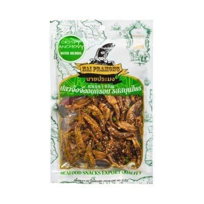 Nai Pramong Brand, Crispy Anchovy with Herbs, Seafood Snacks Size 70g X 2 Packs