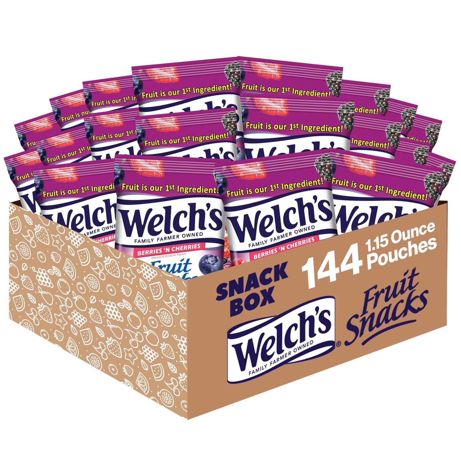 Welch&#39;s Fruit Snacks, Berries &#39;n Cherries, Perfect Stocking Stuffer, Bulk Pack, Gluten Free, Individual Single Serve Bags, 1.55 oz (Pack of 144)