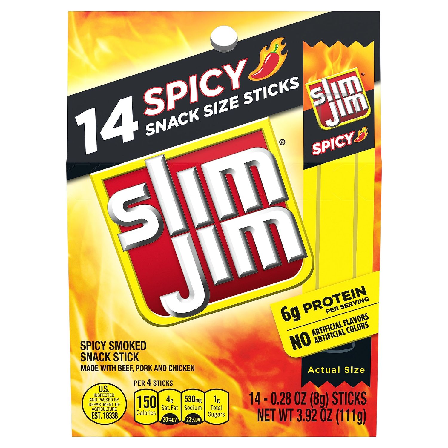 Slim Jim Smoked Meat Sticks, Spicy Flavor, 6g Protein Per Serving, Snack Size, Great Stocking Stuffer, 0.28 oz. (14 Count)