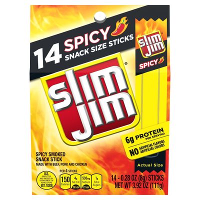 Slim Jim Smoked Meat Sticks, Spicy Flavor, 6g Protein Per Serving, Snack Size, Great Stocking Stuffer, 0.28 oz. (14 Count)