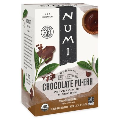 Numi Organic Chocolate Pu-erh Tea, 16 Tea Bags, Aged Yunnan Pu-erh Black Tea with Cocoa &amp; Orange Peel (Packaging May Vary)