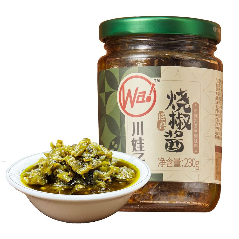 BAILINHOU Sichuan Flame Roasted Diced green chiles sauce asian 8.28oz/235g, chuanwazi green chilis canned imported of china