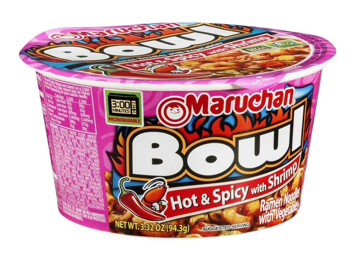 Maruchan Bowl Hot &amp; Spicy with Shrimp Flavor Ramen Noodles with Vegetables, 3.3 OZ (2 Pack)