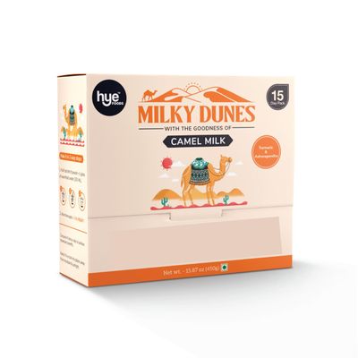 HYE FOODS Milky Dunes l Camel Milk Powder | Pasture Grazed | Turmeric &amp; Ashwagandha l 30g x 15 Sachets | 15 Days Pack l 450gms | 15.87 Oz