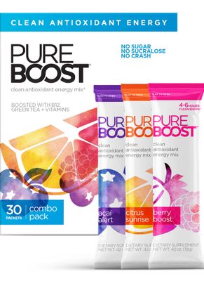 Pureboost Clean Energy Booster, Refreshing Energy Drink Mix with B12 Vitamins, Electrolytes, Antioxidants, Sugar-Free Energy with No Sucralose (Combo Pack, 30 Count)