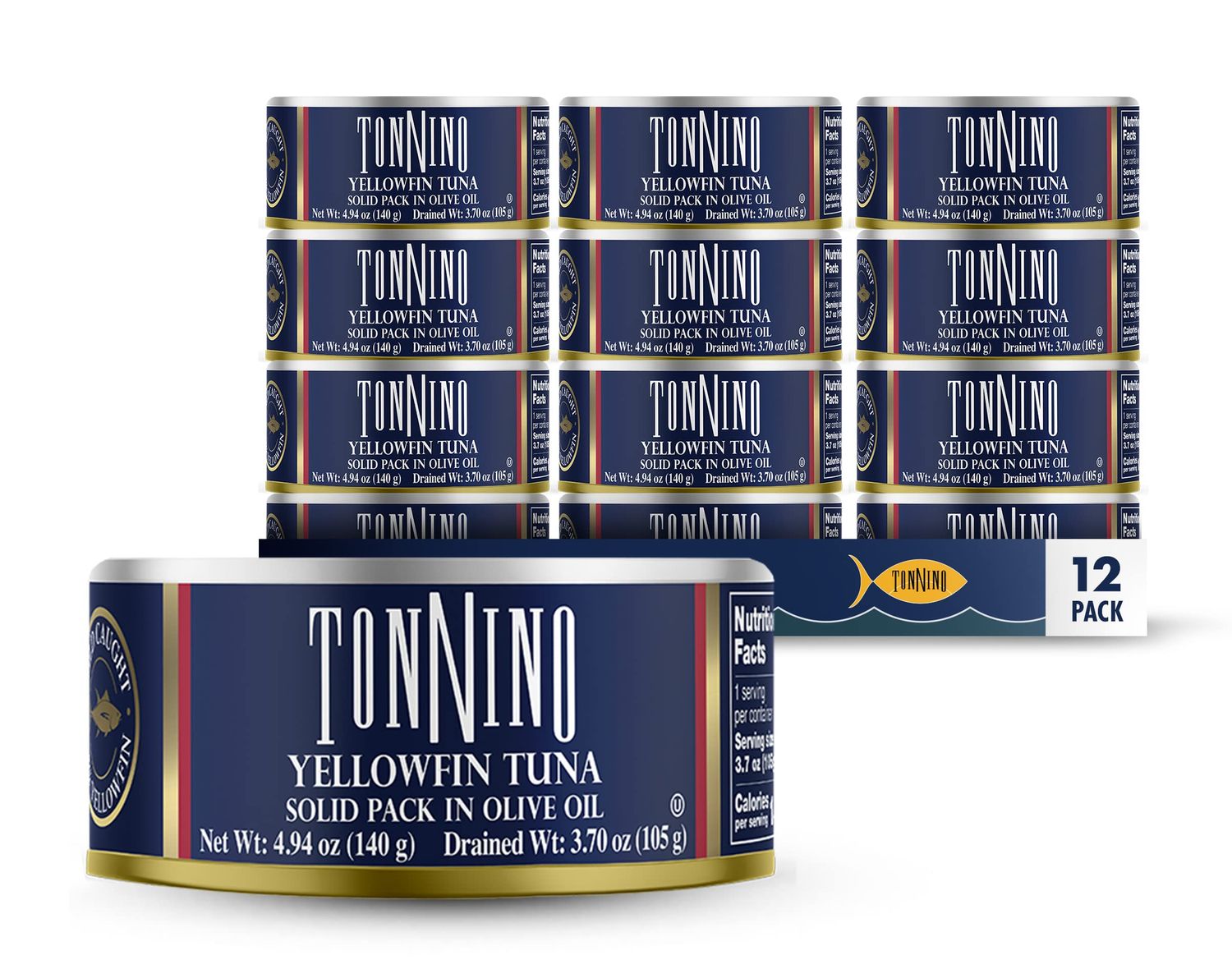 Tonnino Tuna Fillets Low Calorie and Gluten Free Yellowfin Canend Premium Tuna in Olive Oil 4.94 Oz [12 pack]