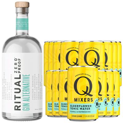 Ritual Zero Non-Alcoholic Gin Alternative with 15 Pack of Q Mixers Elderflower Tonic for your favorite Alcohol-Free Mixed Drink