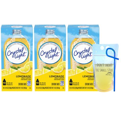RNR Advantage Crystal Light Lemonade Sugar-Free On-the-Go Drink Packets Pack of 3, 10 Packets Each Box, 30 Total Packets Bundled with Drink Pouch and Straw