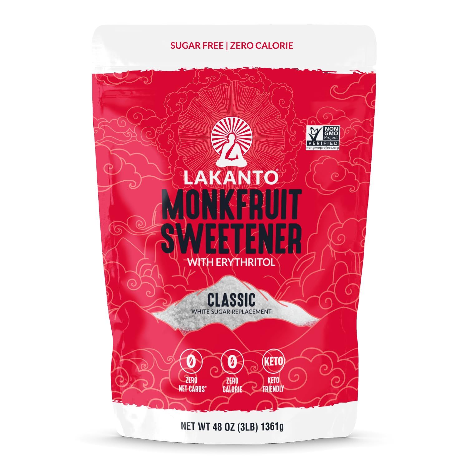 Lakanto Monk Fruit Sweetener With Erythritol, White Sugar Substitute From Monk Fruit Extract, Classic White Sugar Replacement for Baking, Coffee &amp; Tea, Gluten Free, Low Carb, Non GMO, Keto, 3 LB Bag