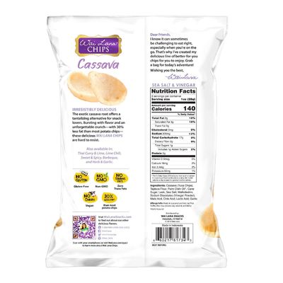 Cassava Chips Sea Salt and Vinegar (6 Pack of 3 Ounce Individual Bags) - Gluten Free, Non-GMO, Vegan, Zero Trans Fats - Wai Lana