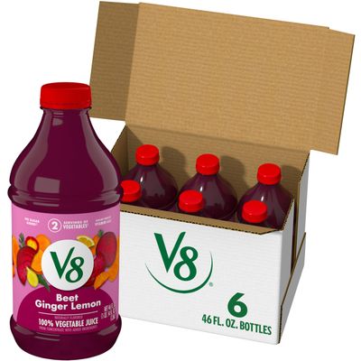 V8 Beet Ginger Lemon 100% Vegetable Juice, Naturally Flavored Vegetable Juice From Concentrate, 46 FL OZ Bottle (Pack of 6)