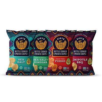 Siete Grain Free Potato Chips - Kettle Cooked | Gluten Free Chips | Vegan Snacks | Non GMO | Variety Pack, Sea Salt, Sea Salt &amp; Vinegar, Fuego, Chipotle BBQ (Pack of 8)
