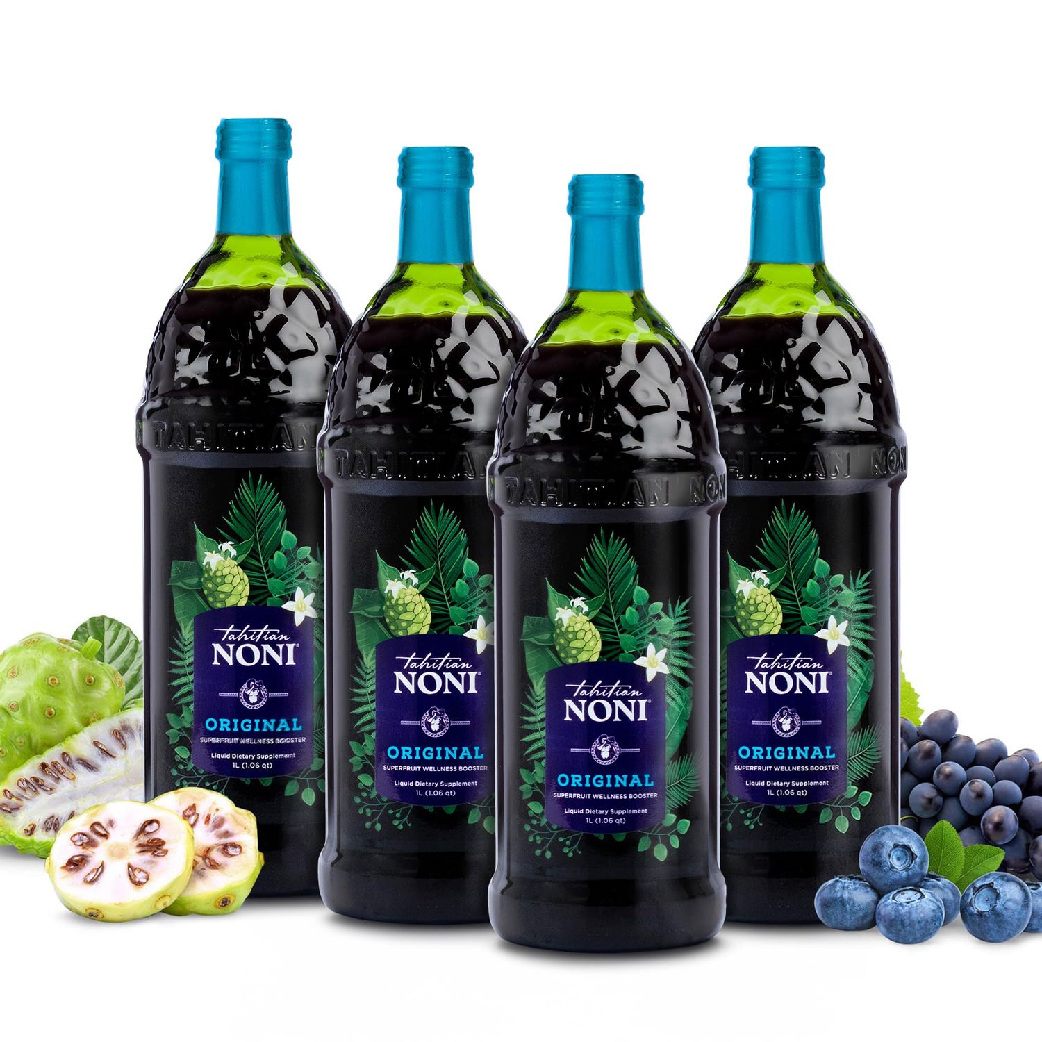 Tahitian Noni Juice by Morinda - Original and Authentic Noni Fruit Puree with Natural Blueberry &amp; Grape (Resveratrol) - Invigorating Daily Superfood Drink for Enhanced Vitality - 4x1L Bottles/Case