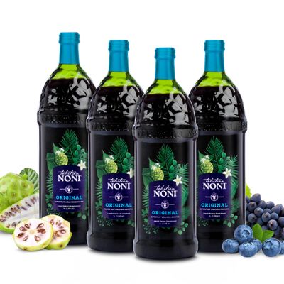 Tahitian Noni Juice by Morinda - Original and Authentic Noni Fruit Puree with Natural Blueberry &amp; Grape (Resveratrol) - Invigorating Daily Superfood Drink for Enhanced Vitality - 4x1L Bottles/Case