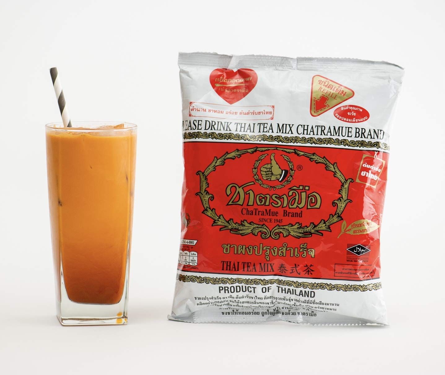 Thai Tea Mix (Number-One) Cha Tra Mue Brand, Original Thai Tea Mix from Thailand, Perfect for brewing Traditional Restaurant Style Thai Iced Tea (400g) 14.1 Ounce (Pack of 1) white