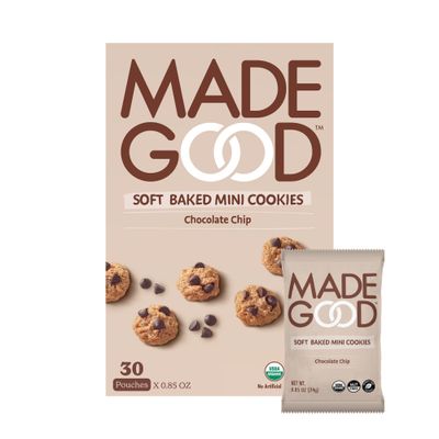 MadeGood Soft Baked Chocolate Chip Mini Cookies, Gluten Free &amp; Safe For School Snacks, 30 Count
