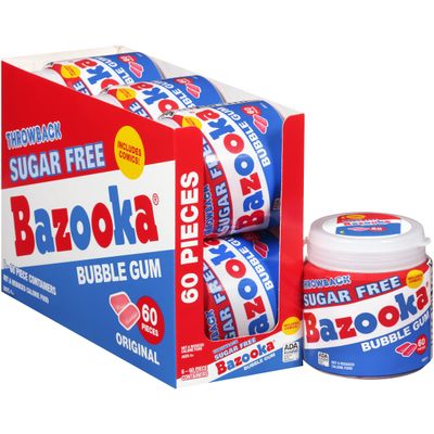 Bazooka Sugar-Free Bubble Gum - 60 Count To Go Cup (Pack of 6) - Pink Chewing Bubble Gum Resealable Container - Fun Holiday Stocking Stuffers - Festive Bulk Candy Gift Stocking Stuffer For Kids